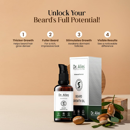 Dr. Alies Professional Beard Growth Oil | Natural Formula with Vitamin E, Almond Oil & Castor Oil | Fills Patchy Areas, Reduces Itch & Strengthens Beard