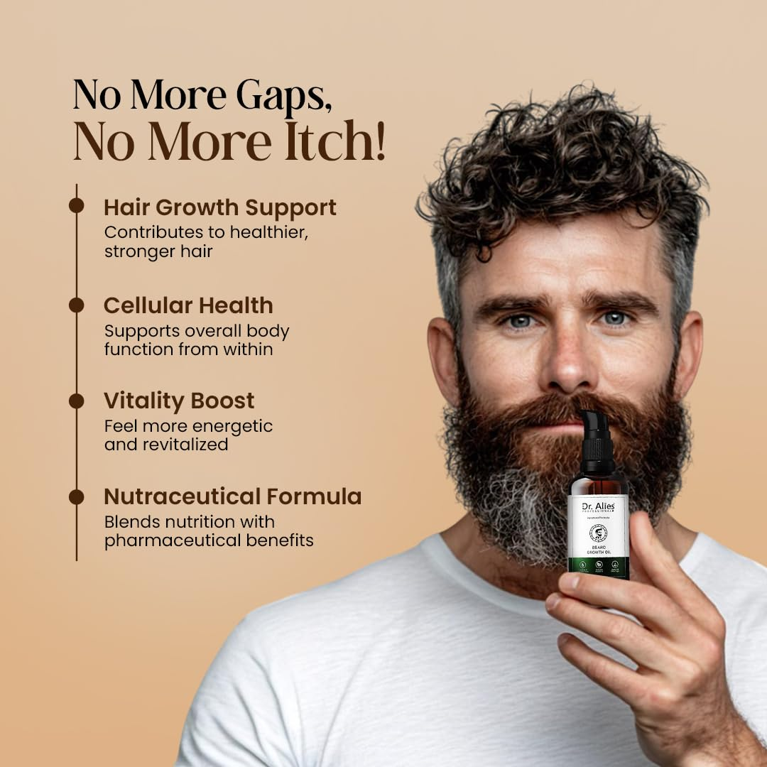 Dr. Alies Professional Beard Growth Oil | Natural Formula with Vitamin E, Almond Oil & Castor Oil | Fills Patchy Areas, Reduces Itch & Strengthens Beard