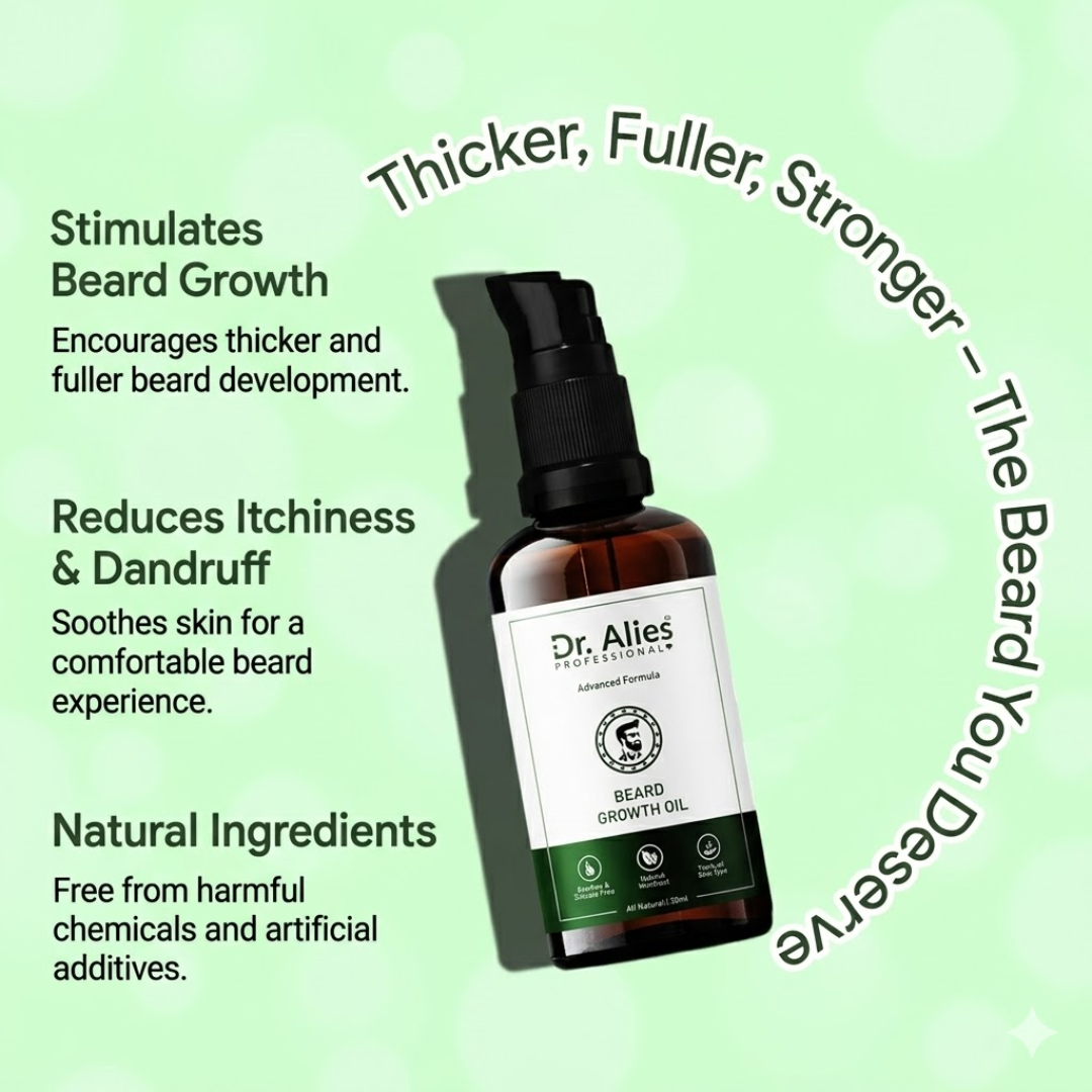 Dr. Alies Professional Beard Growth Oil | Natural Formula with Vitamin E, Almond Oil & Castor Oil | Fills Patchy Areas, Reduces Itch & Strengthens Beard