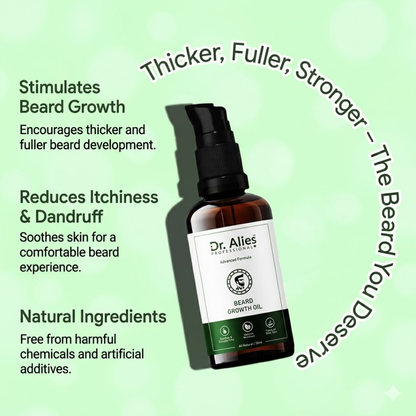 Dr. Alies Professional Beard Growth Oil | Natural Formula with Vitamin E, Almond Oil & Castor Oil | Fills Patchy Areas, Reduces Itch & Strengthens Beard