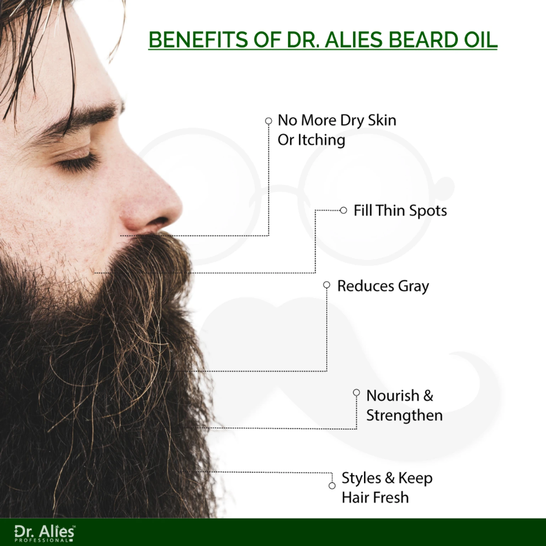 Dr. Alies Professional Beard Growth Oil | Natural Formula with Vitamin E, Almond Oil & Castor Oil | Fills Patchy Areas, Reduces Itch & Strengthens Beard