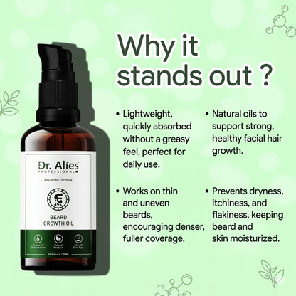 Dr. Alies Professional Beard Growth Oil | Natural Formula with Vitamin E, Almond Oil & Castor Oil | Fills Patchy Areas, Reduces Itch & Strengthens Beard